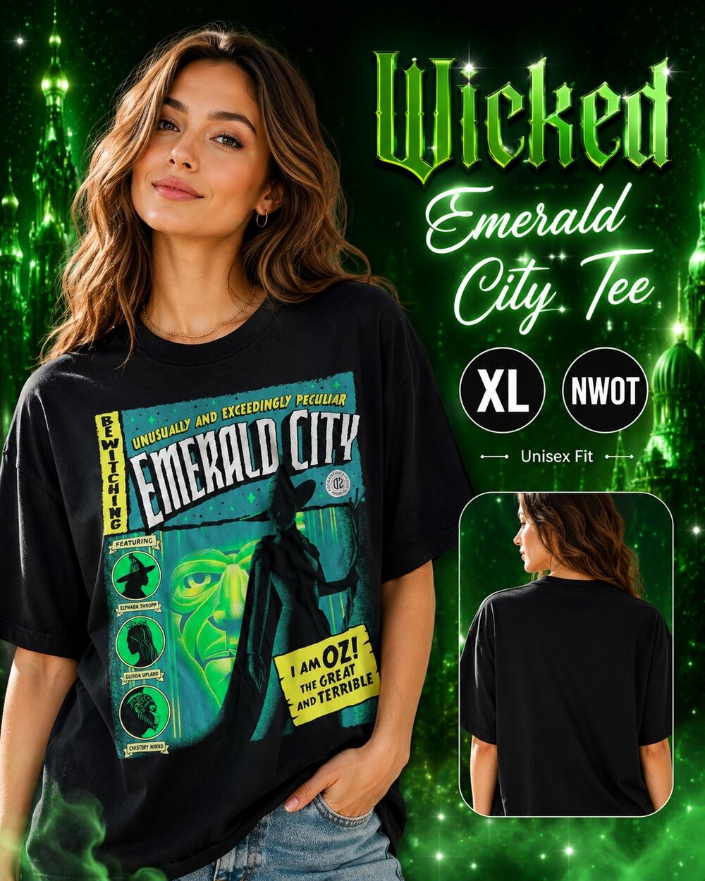 Wicked Emerald City Graphic Tee XL Black Unisex NWOT Musical Shirt